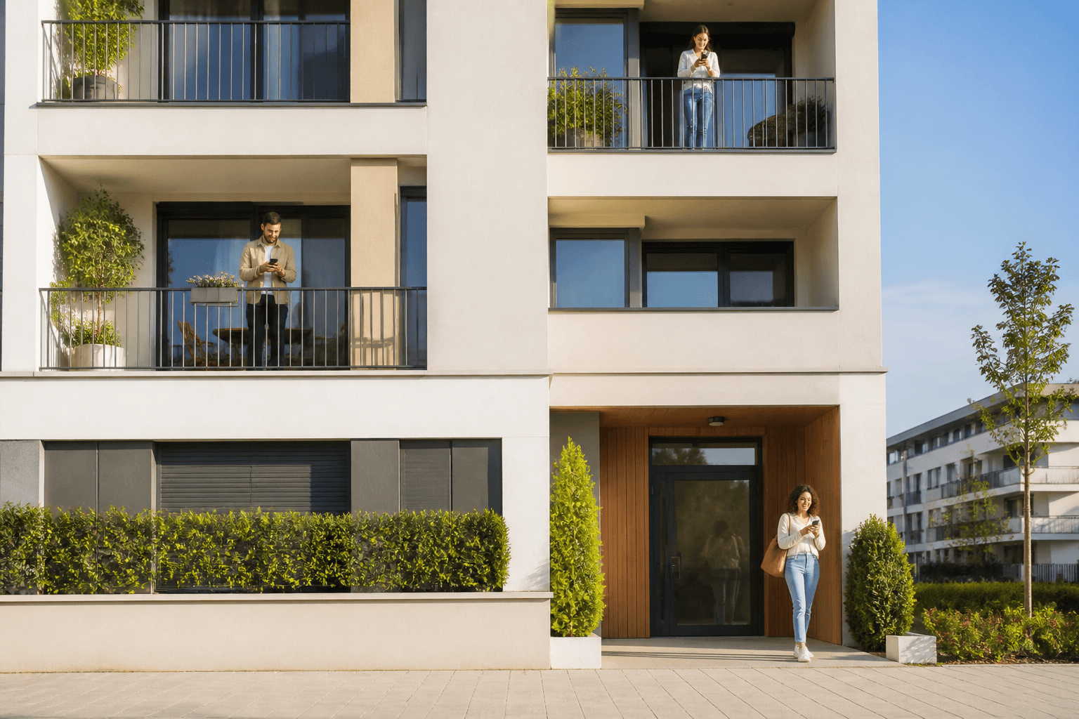 Vecinos conectados por móvil en una comunidad residencial